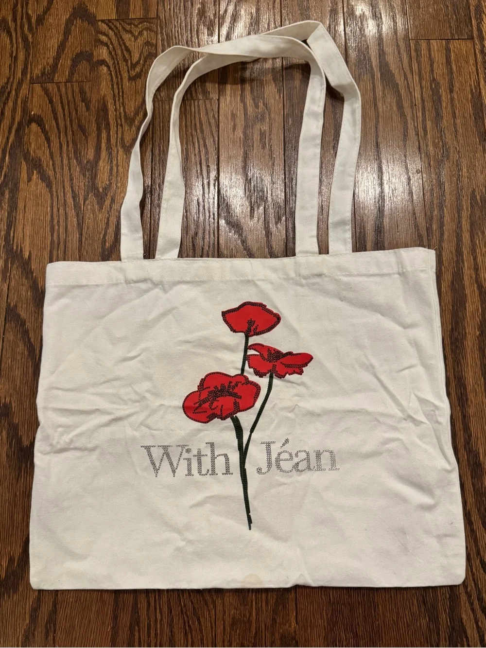 With Jean Canvas Tote with Red Floral Embroidery